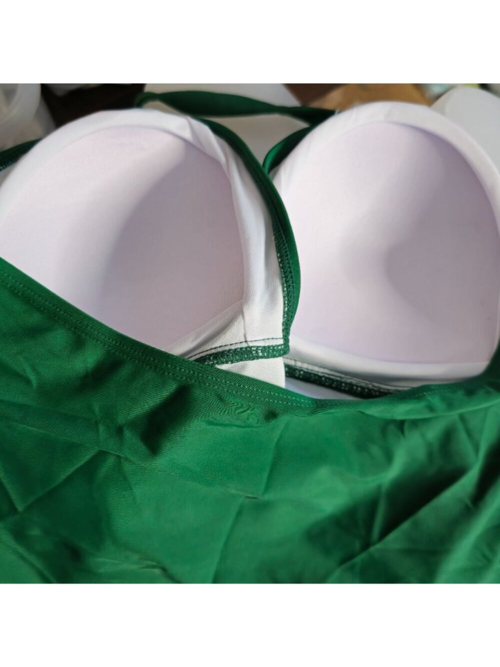 Green Halter Tankini Top Med Gold Accents Ruched Lined Built In Cups - Picture 3 of 8